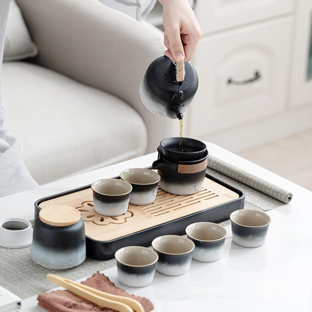 Portable Ceramic Gongfu Tea Set with Grey Leather Case