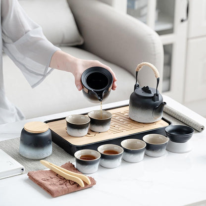 Portable Ceramic Gongfu Tea Set with Grey Leather Case