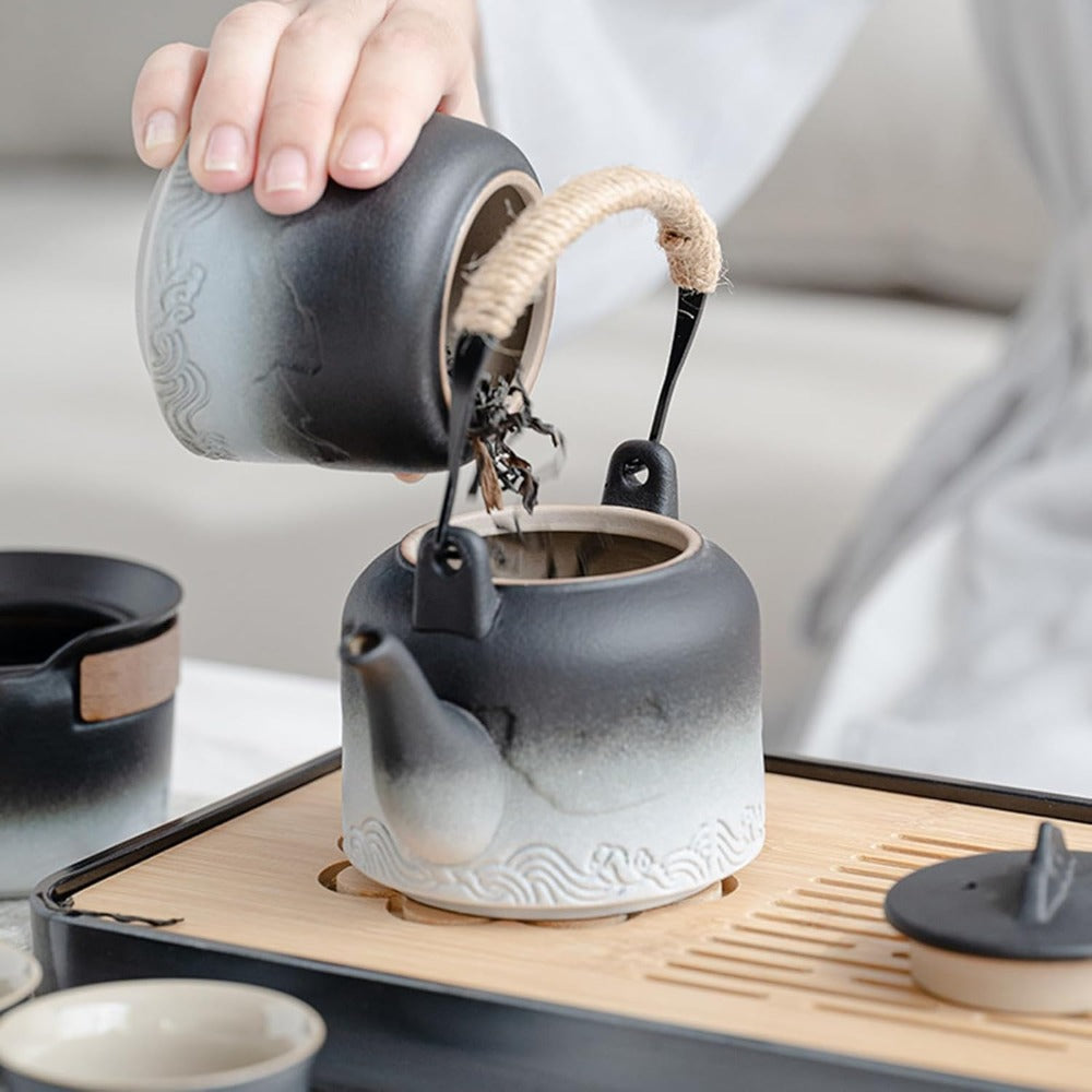 Portable Ceramic Gongfu Tea Set with Grey Leather Case