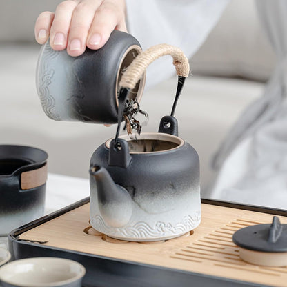 Portable Ceramic Gongfu Tea Set with Grey Leather Case