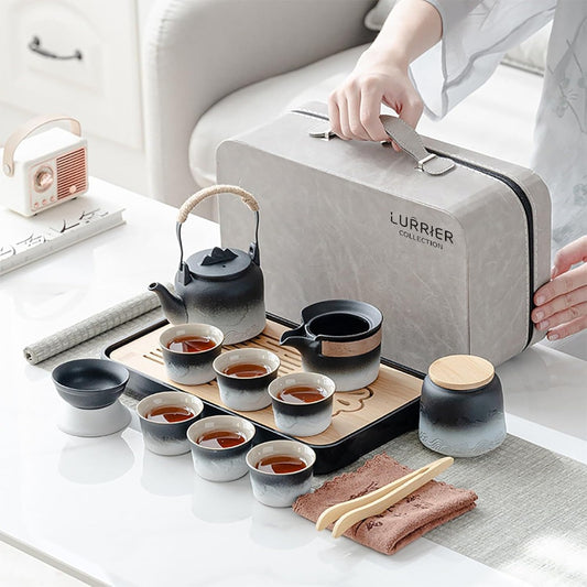 Portable Ceramic Gongfu Tea Set with Grey Leather Case